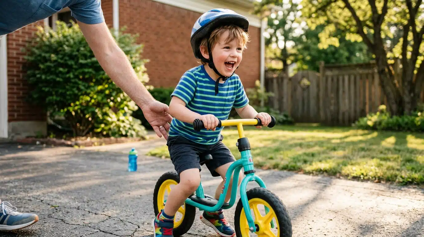 Enfant souriant apprenant l'équilibre sur une draisienne