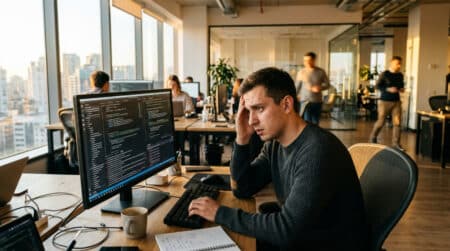Testeur QA fatigué devant écran de bugs informatiques