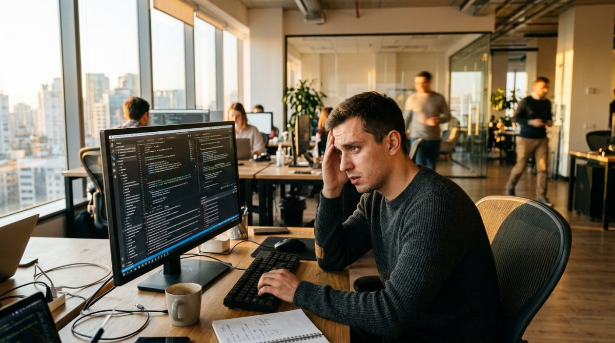 Testeur QA fatigué devant écran de bugs informatiques