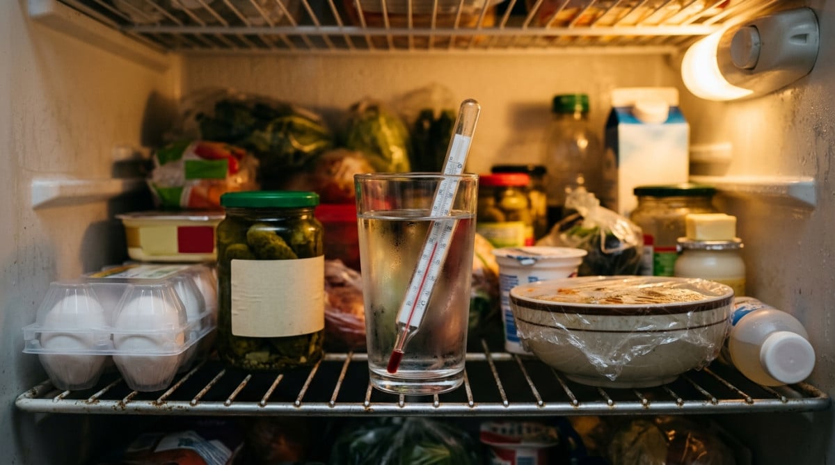 Thermomètre de cuisine dans un verre d'eau au frigo