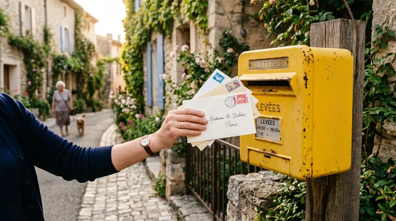 Boîte aux lettres jaune et enveloppes timbrées dans une rue