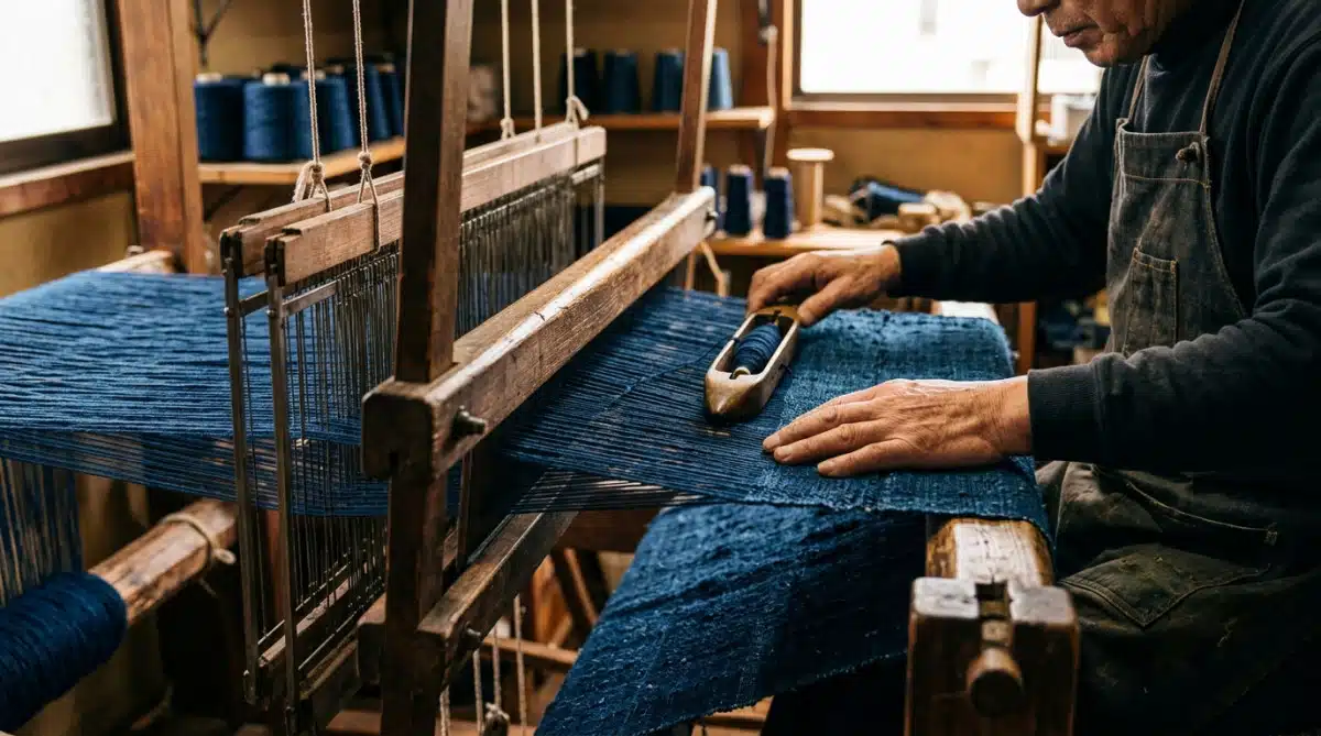 Tissu denim brut sur métier à tisser traditionnel