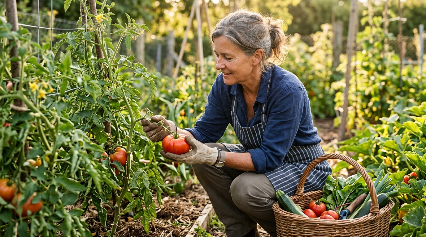 Femme cueillant délicatement une tomate mûre au jardin