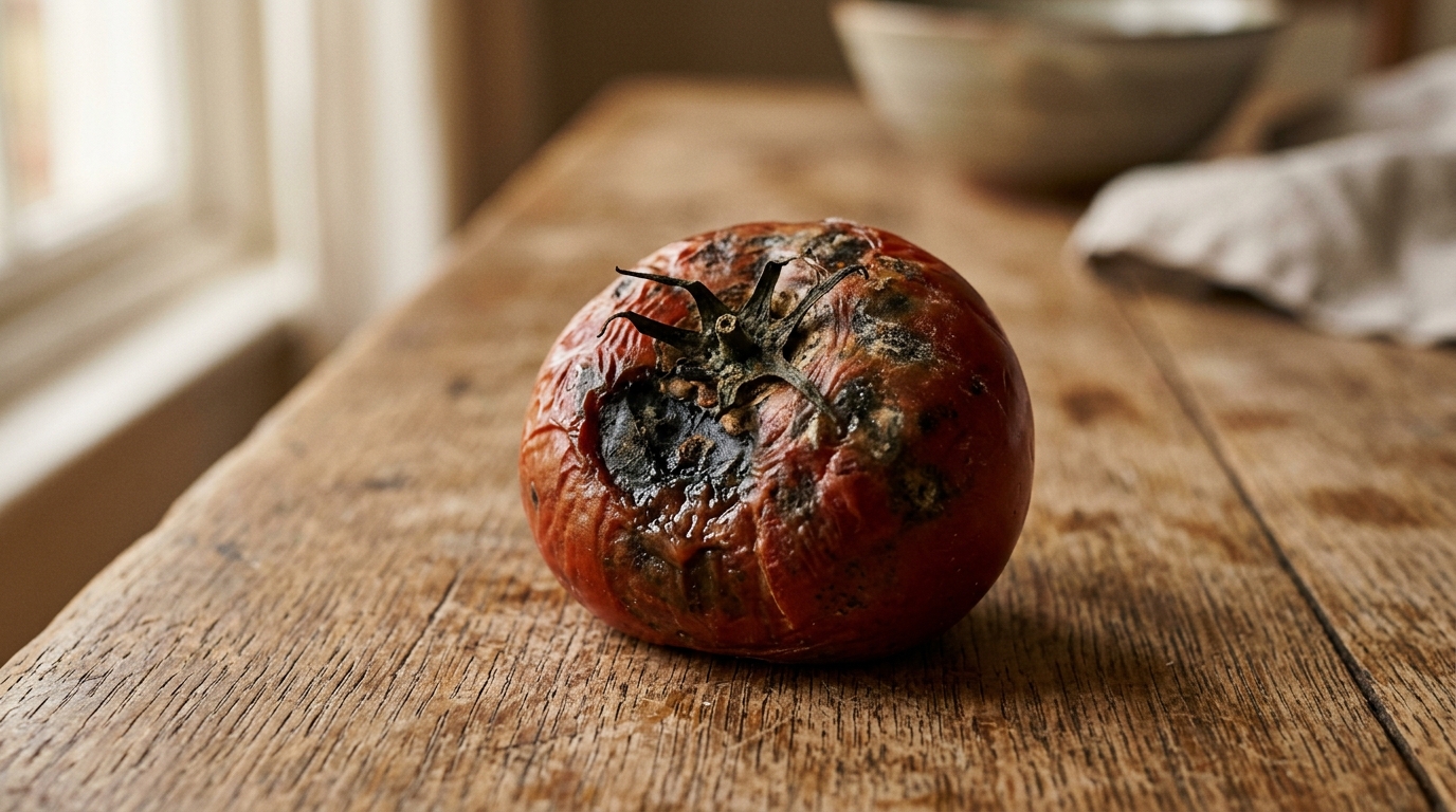 Tomate abîmée avec cicatrice brune au sommet du fruit