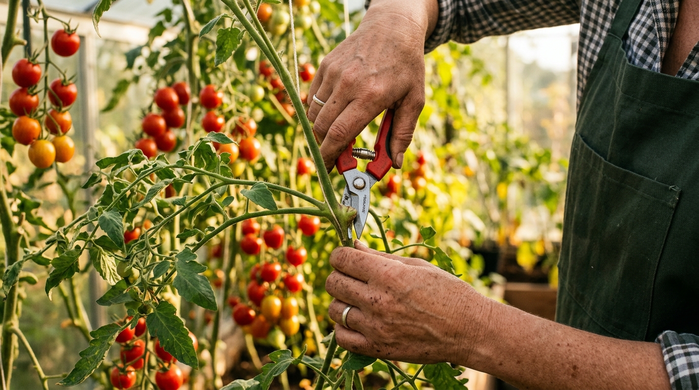 Sécateur coupant la tige d'une tomate au bon endroit