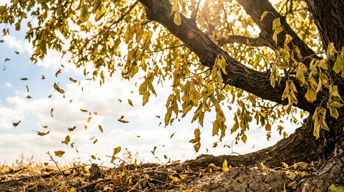 Feuilles jaunies tombant d'une branche en été