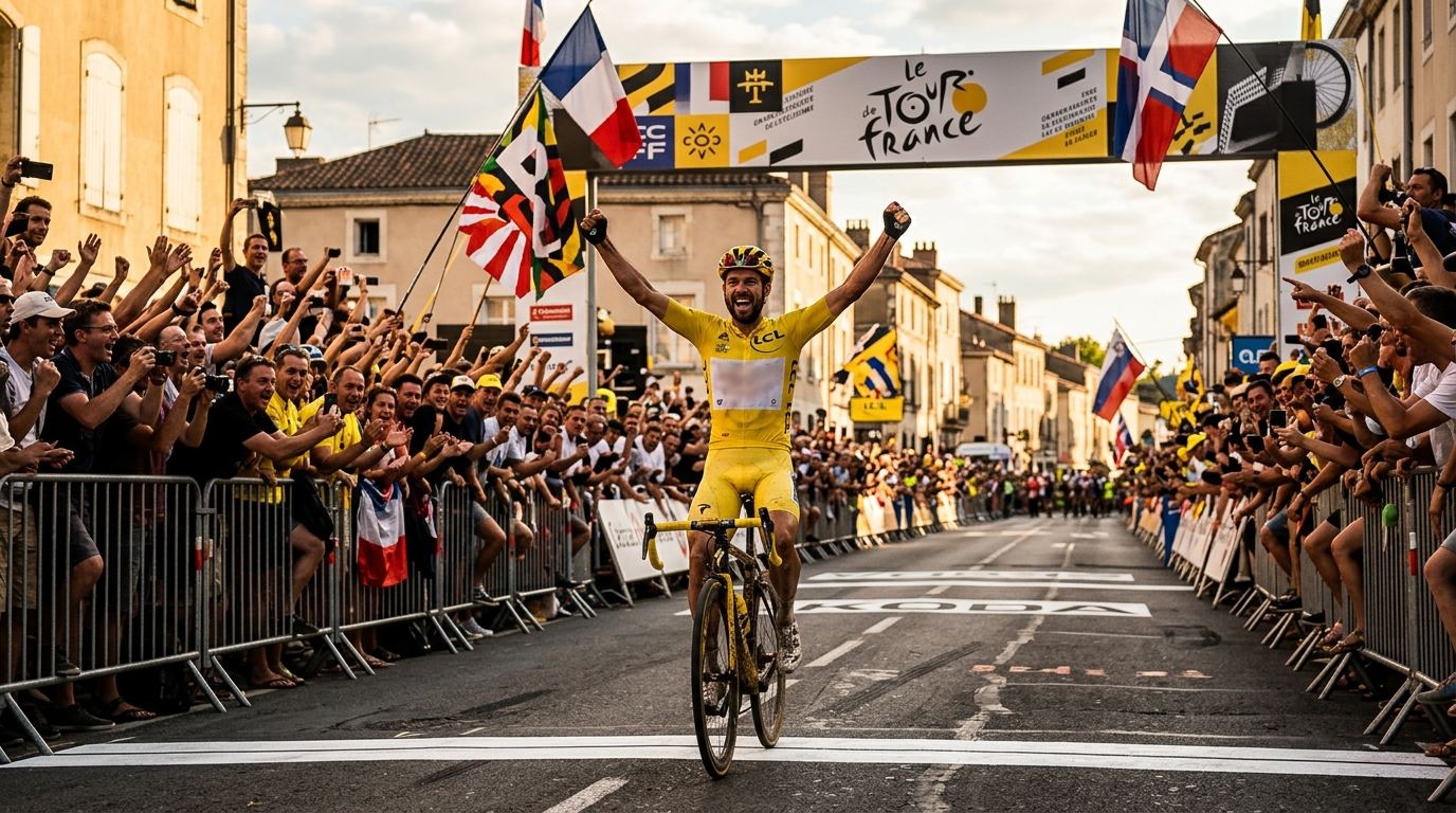 Coureur cycliste en maillot jaune franchit la ligne d'arrivée