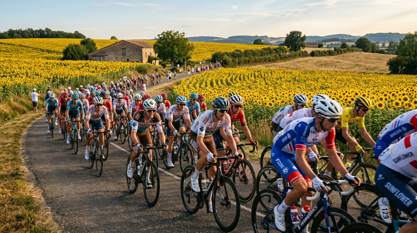 Peloton du Tour de France roulant dans la campagne française