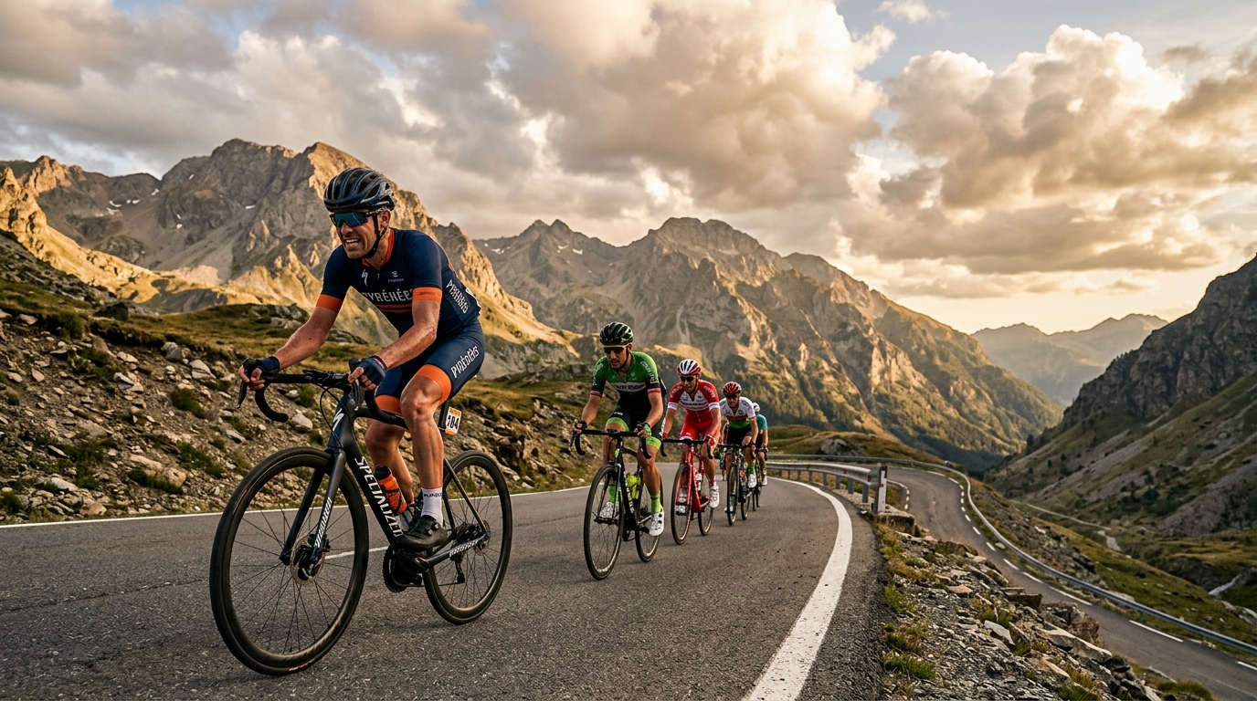 Cycliste grimpant un col pyrénéen pendant le Tour