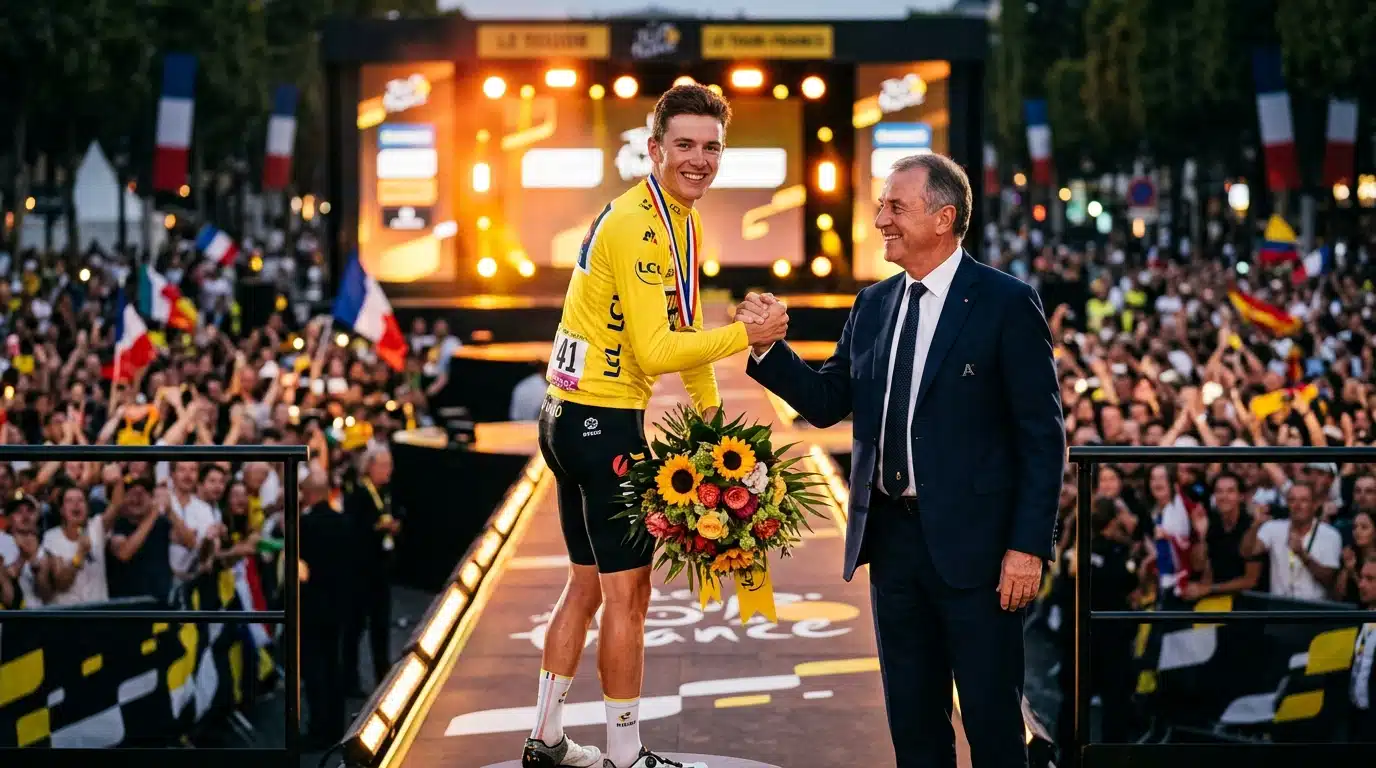 Paul Seixas félicité sur le podium du Tour de France