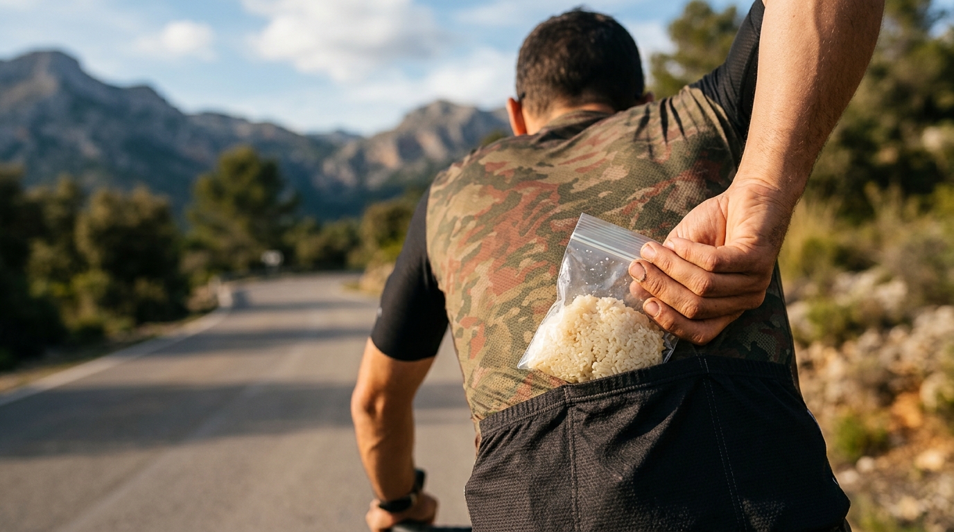 Coureur sortant un sachet de riz sucré de sa poche