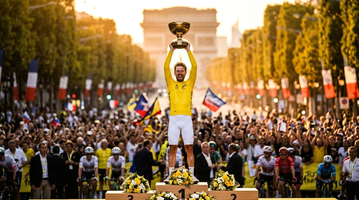 Coureur en maillot jaune sur le podium du Tour de France