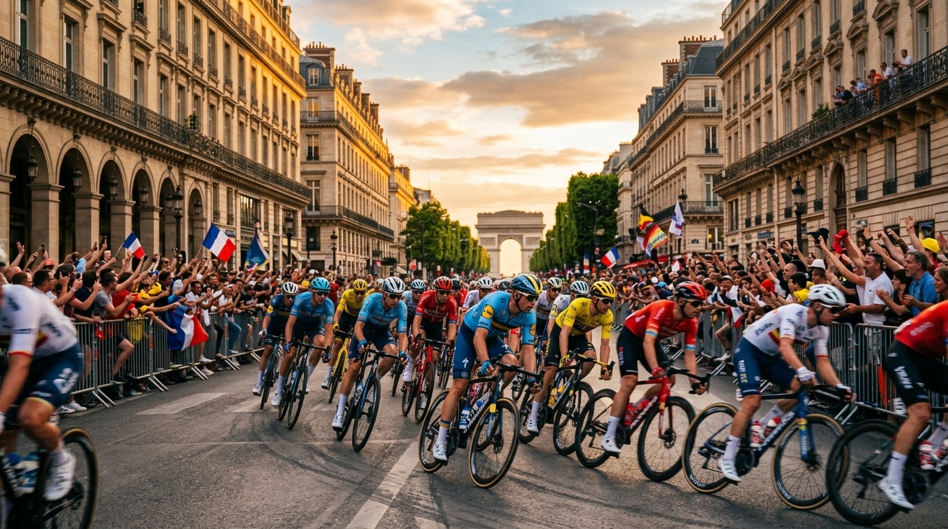 Peloton cycliste sprintant sur les Champs-Élysées au soleil couchant