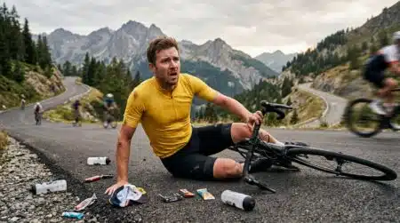 Cycliste chutant lourdement dans un virage de montagne