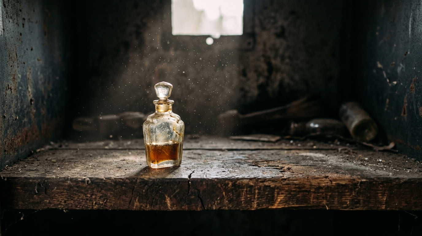 Flacon de parfum ancien posé dans un container abandonné