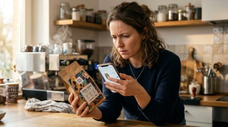 Femme vérifiant l'étiquette d'un paquet de café dans sa cuisine
