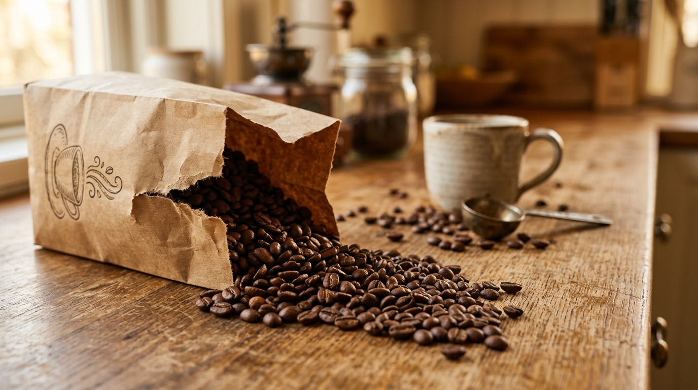 Grains de café renversés d'un paquet en papier kraft