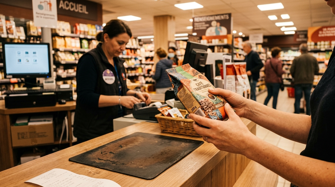 Client rapportant un paquet de café au service client Carrefour