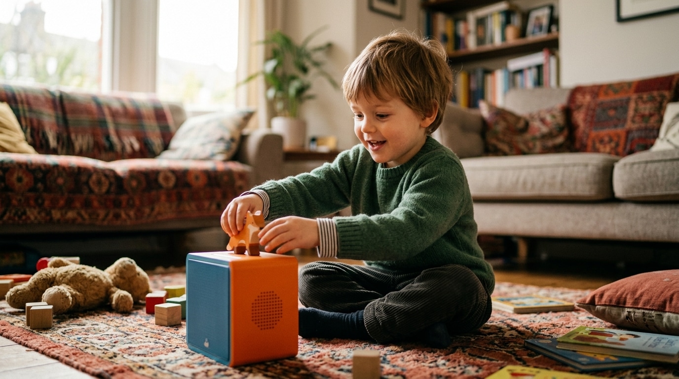Enfant pose une figurine sur une boîte à histoires