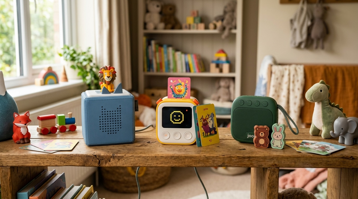 Trois boîtiers audio sans écran alignés sur étagère