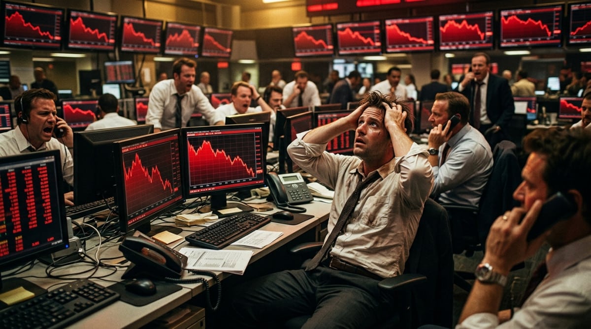 Trader stressé devant l'effondrement du cours de l'action Danone
