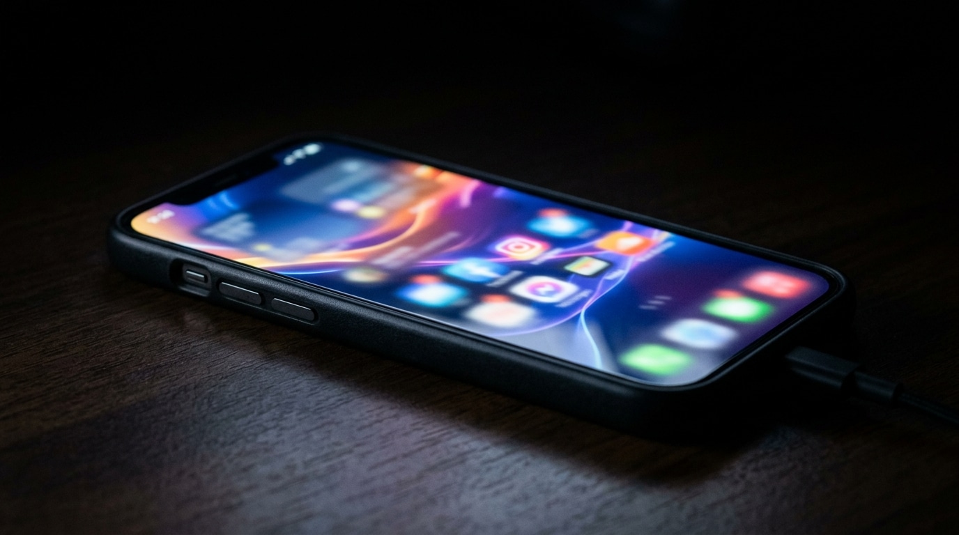 Smartphone illuminé par des notifications floues symbolisant la tempête numérique sur les réseaux sociaux