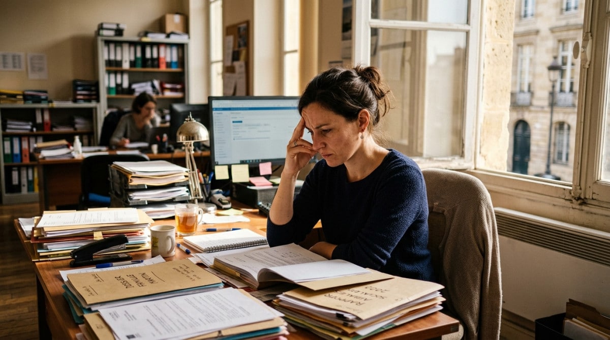 Travailleuse sociale débordée face à des dossiers empilés