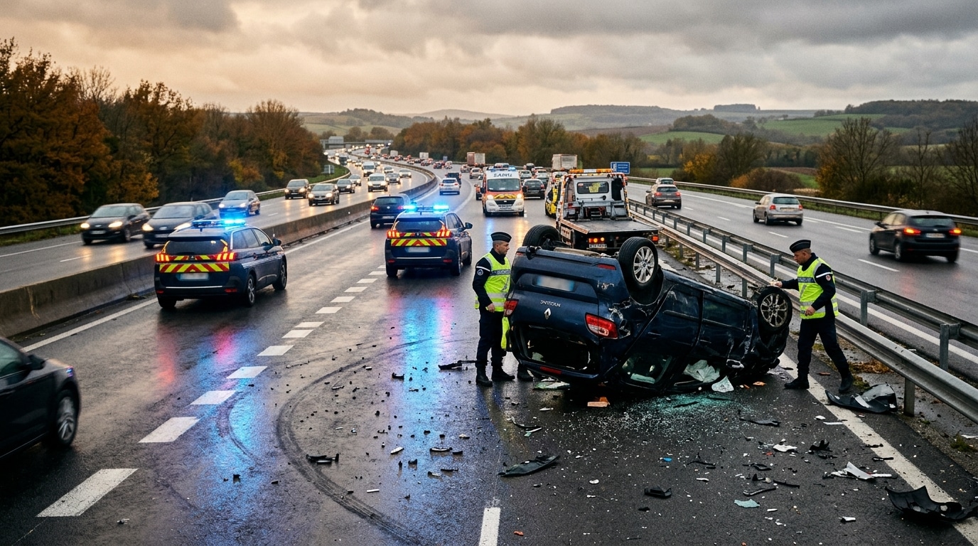 Voiture accidentée renversée sur le bas-côté d'autoroute