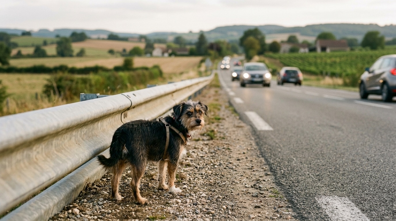 Petit chien seul au bord d'une route