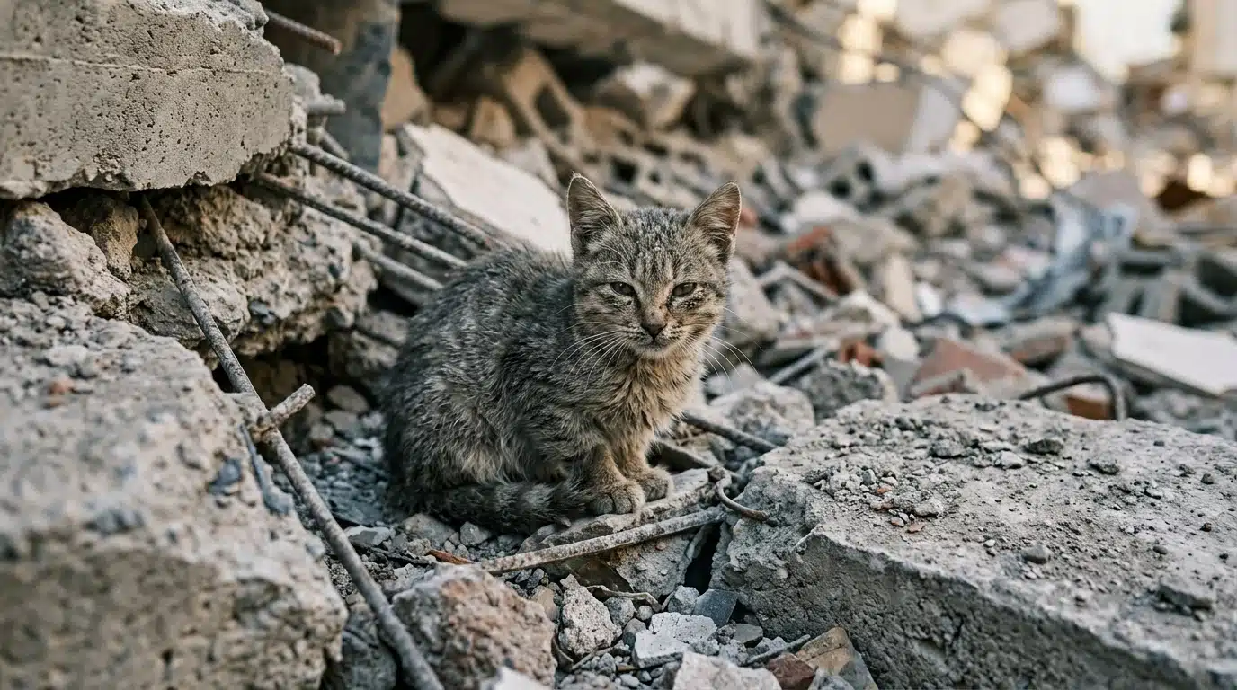 Chat couvert de poussière parmi les gravats effondrés