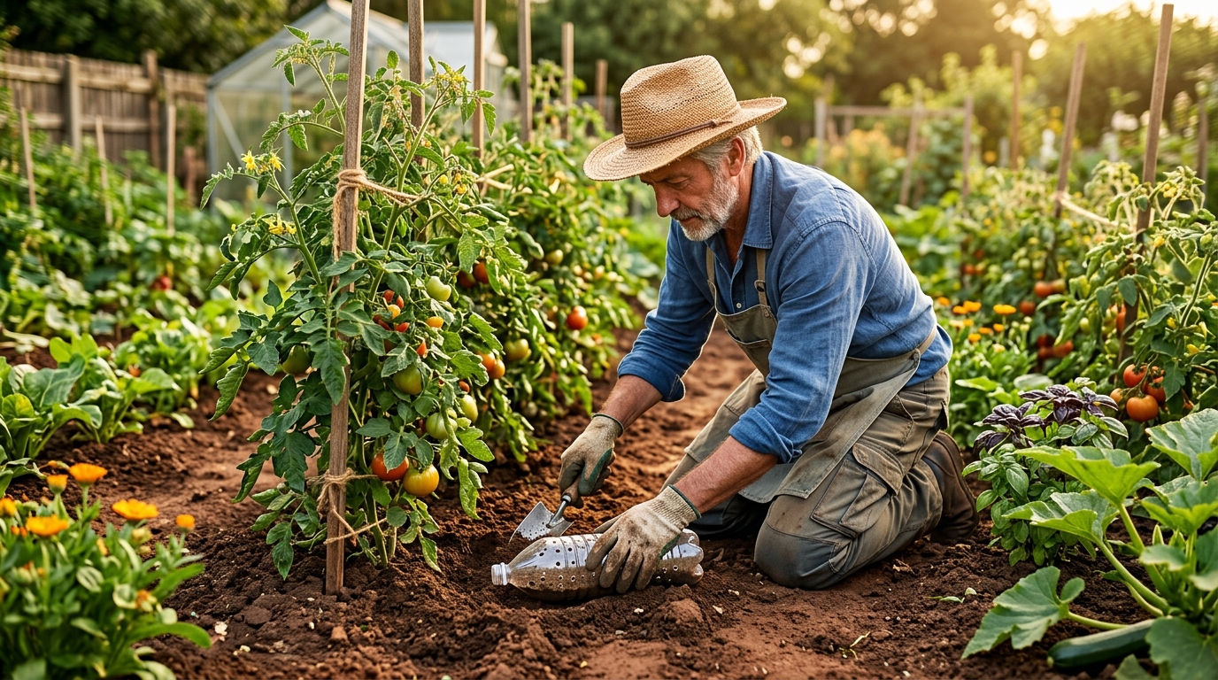 Jardinier enterrant une bouteille percée près d'un plant de tomate