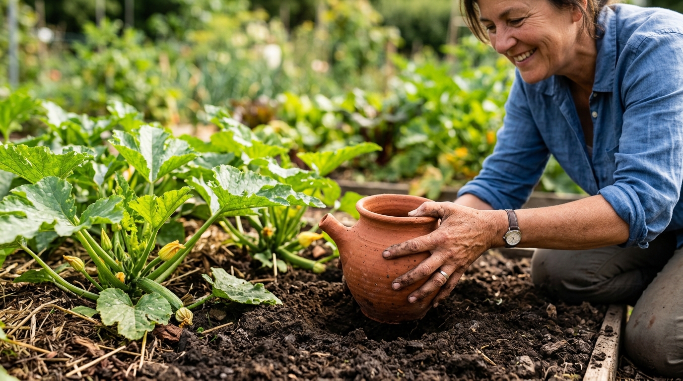 Femme installant un oya en terre cuite dans le potager