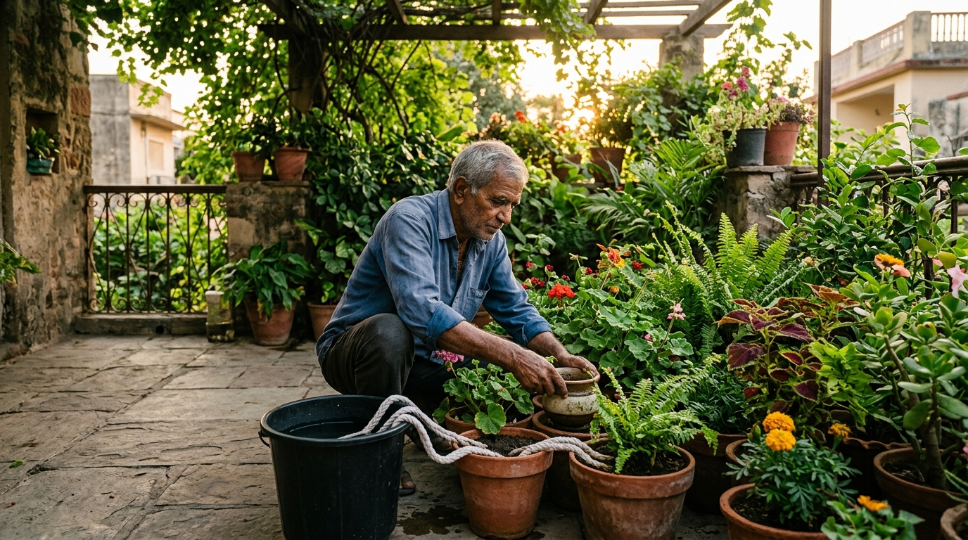 Homme regroupant des pots de fleurs à l'ombre avec mèches en coton