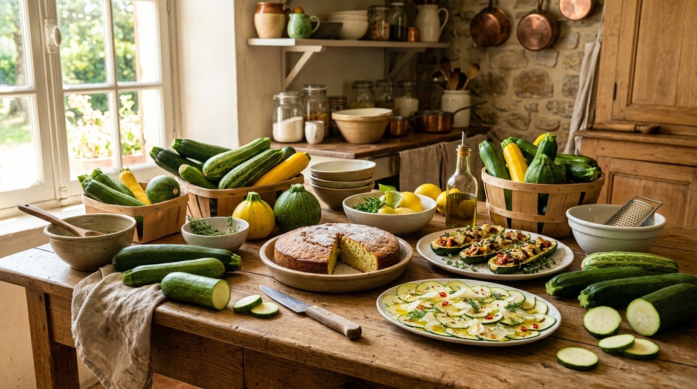 Courgettes fraîches et plats variés sur table en bois