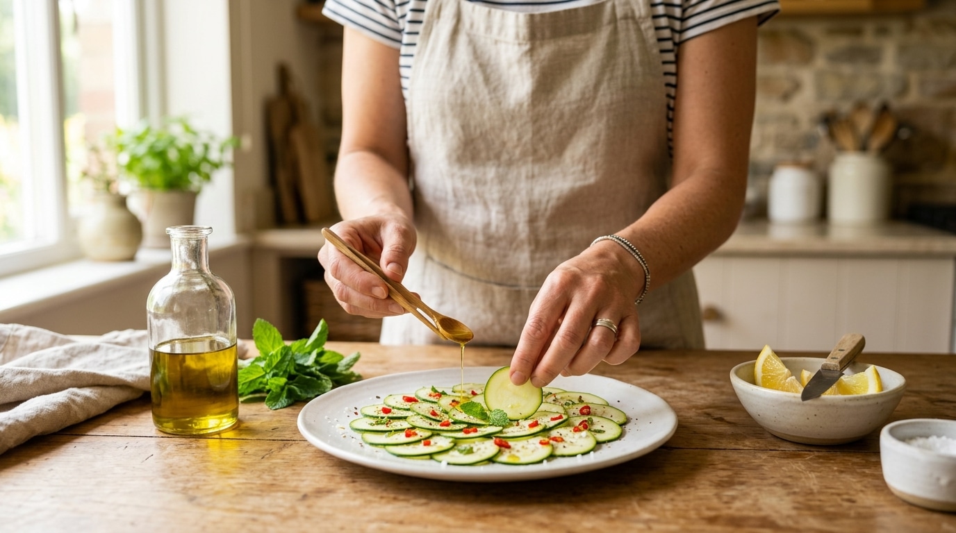 Mains tranchant un carpaccio de courgette à l'huile d'olive