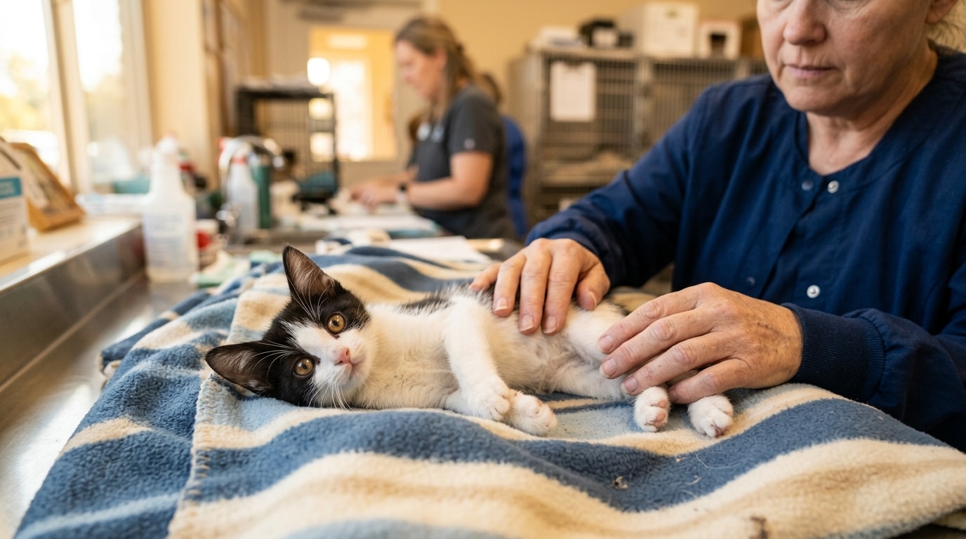 Chaton paralysé examiné par une bénévole du refuge