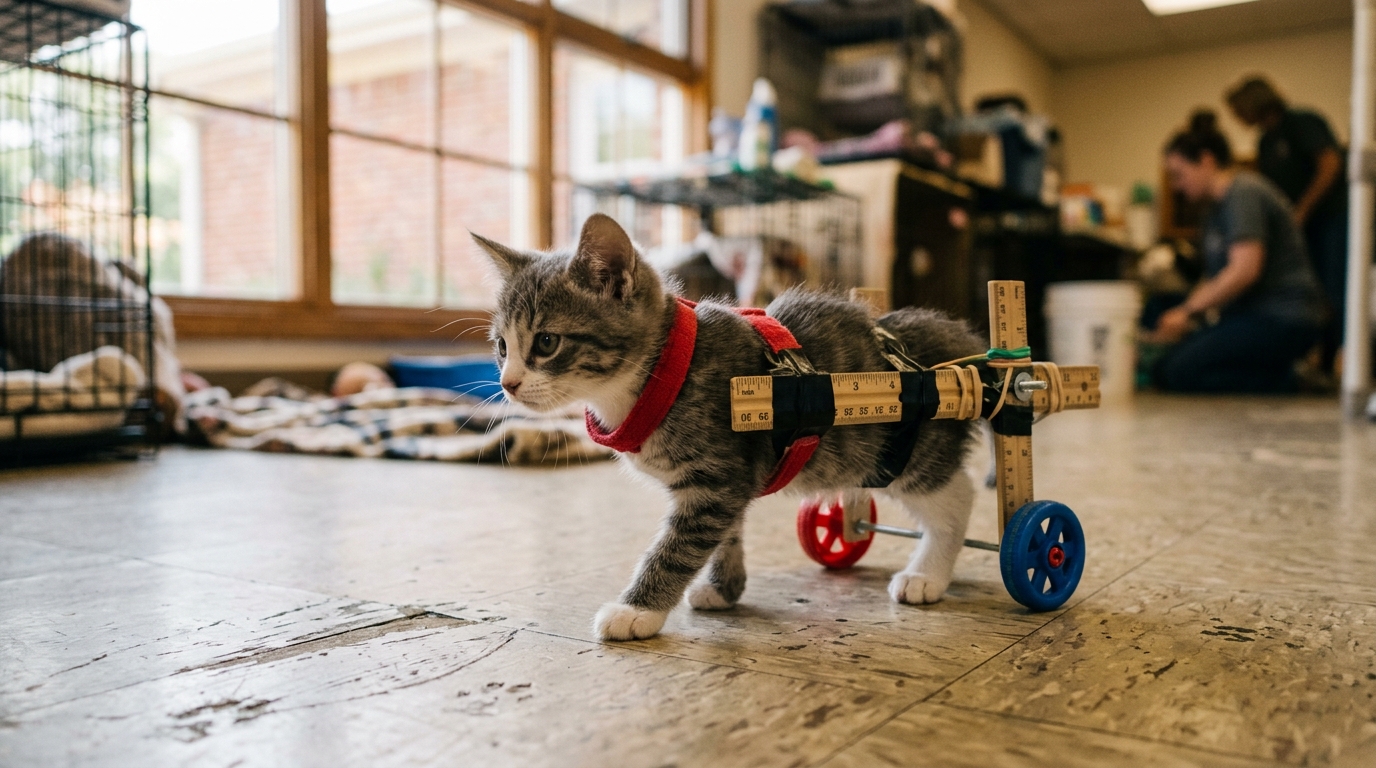 Chaton se déplaçant avec son chariot fait maison