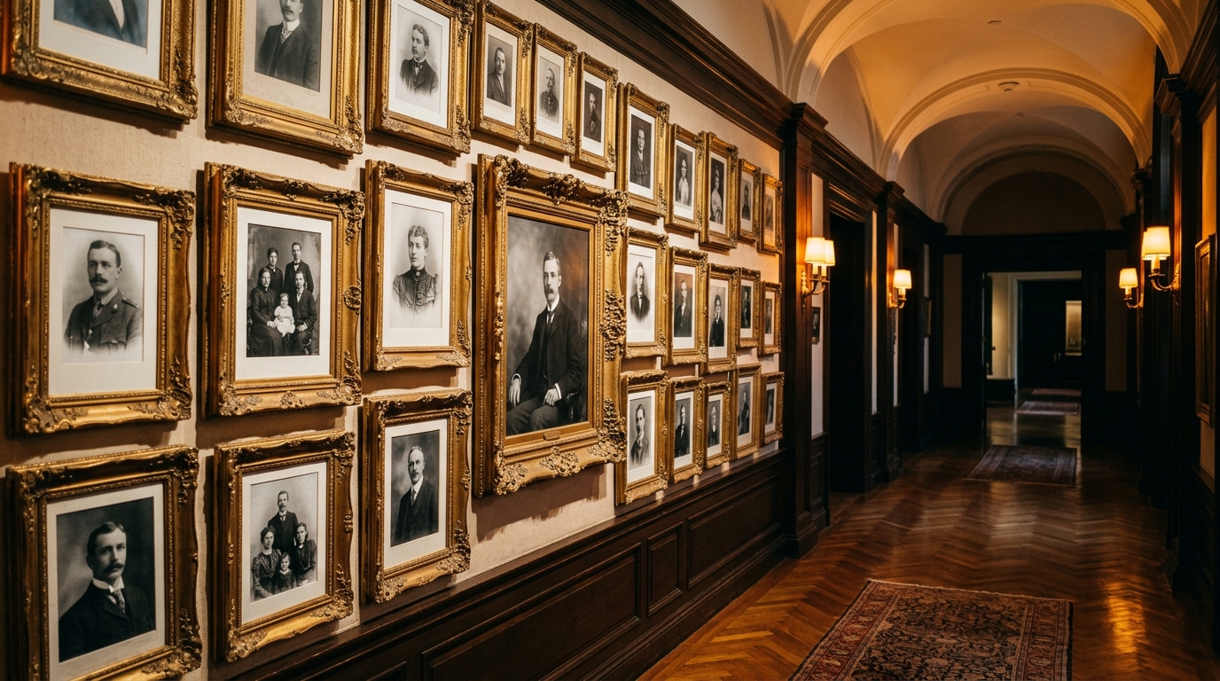Galerie de portraits présidentiels historiques encadrés sur un mur doré