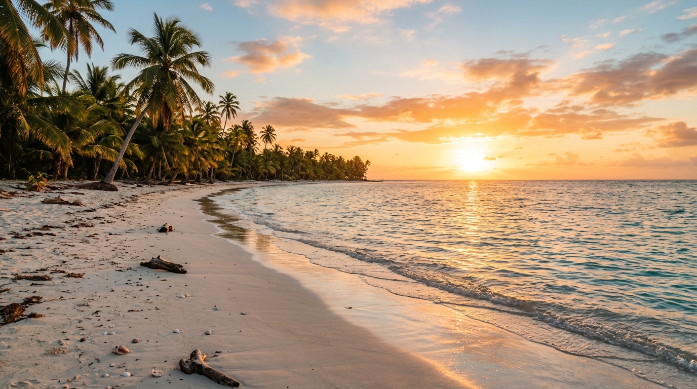 Plage paradisiaque au coucher du soleil évoquant les voyages romantiques du couple