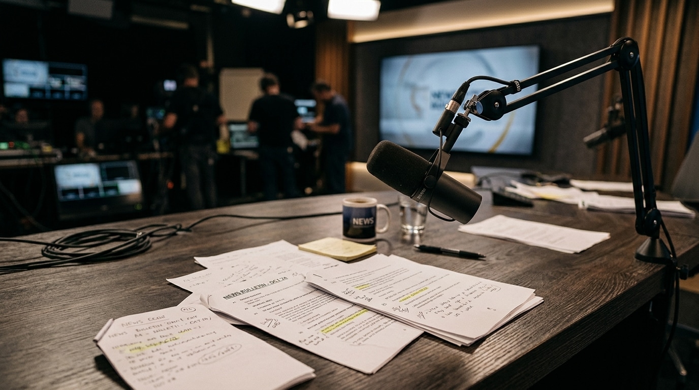 Micro de plateau télé sur un bureau de studio sous lumière douce