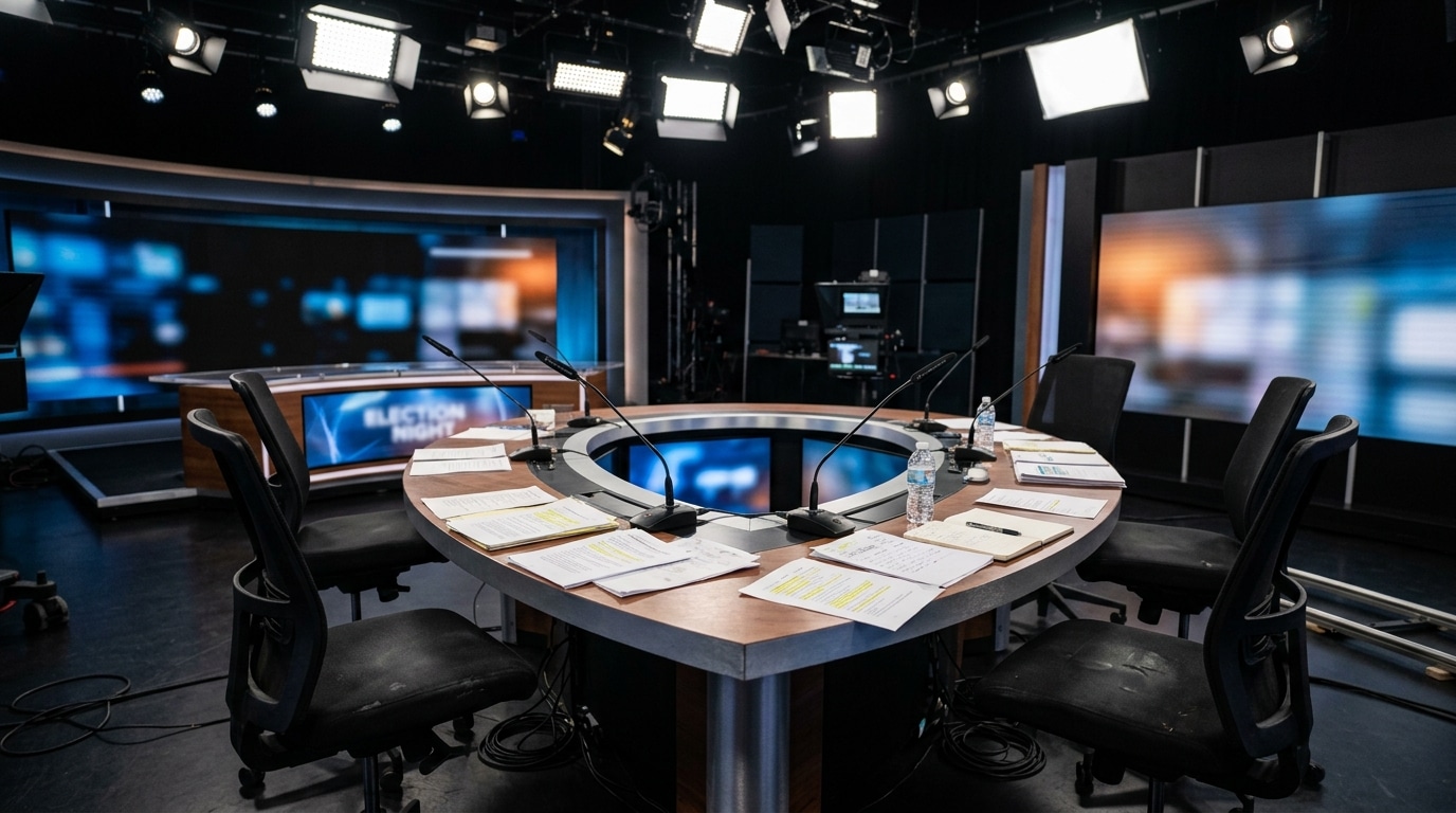 Chaise vide et micro sur un plateau de débat télévisé