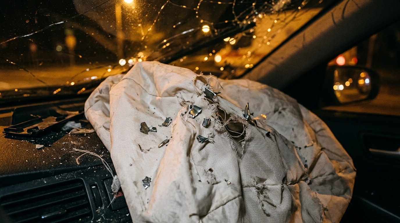 Airbag déployé avec fragments métalliques dans un habitacle