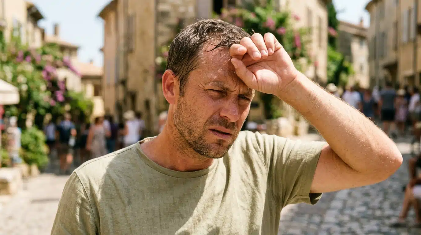 Personne en sueur essuyant son front en pleine canicule