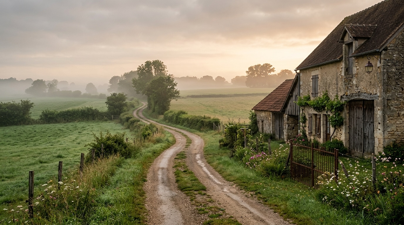 Chemin de campagne désert en Sarthe au petit matin