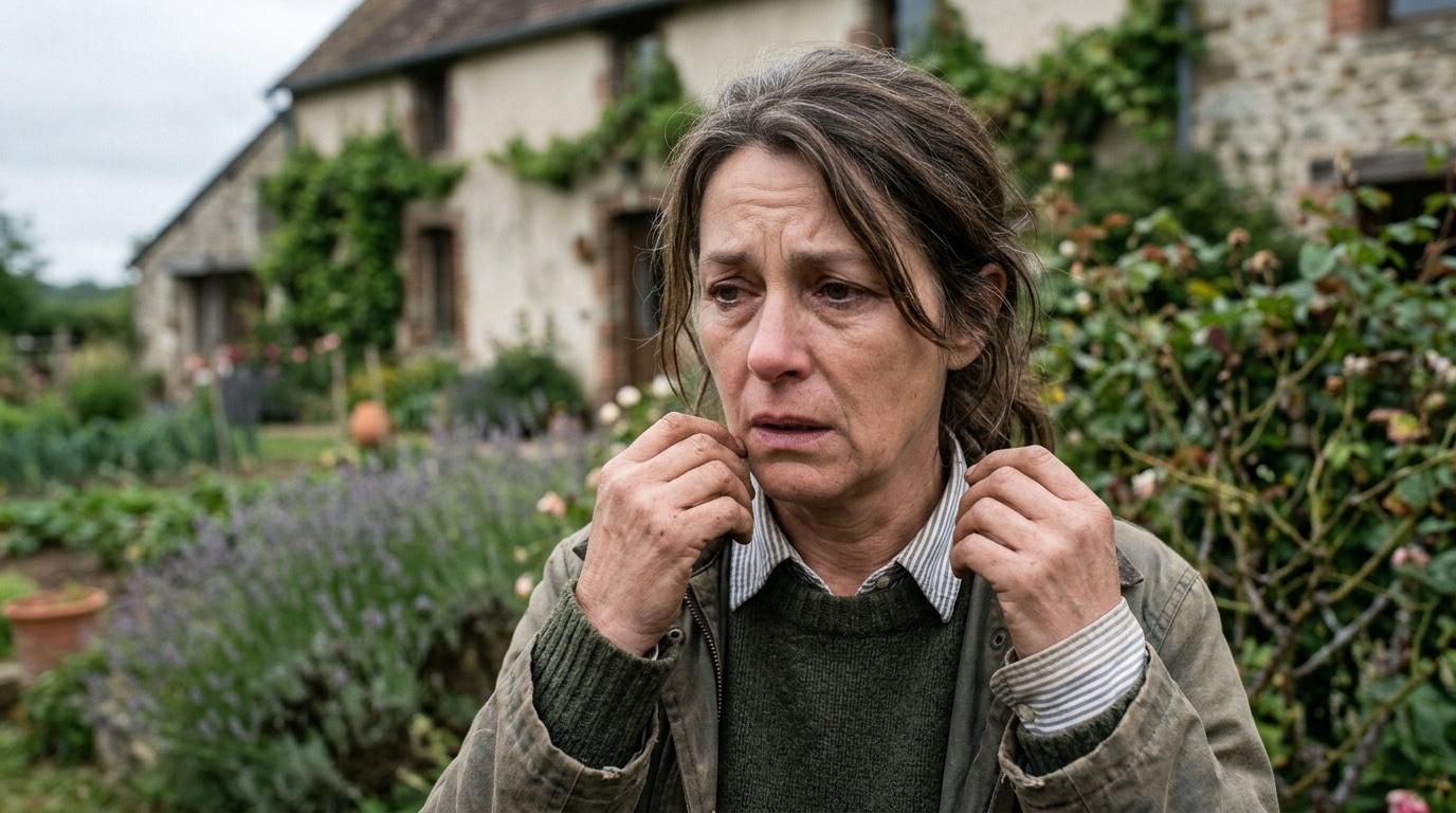 Femme âgée au visage bouleversé dans un jardin