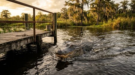 Alligator émergeant de l'eau près d'un ponton de pêche