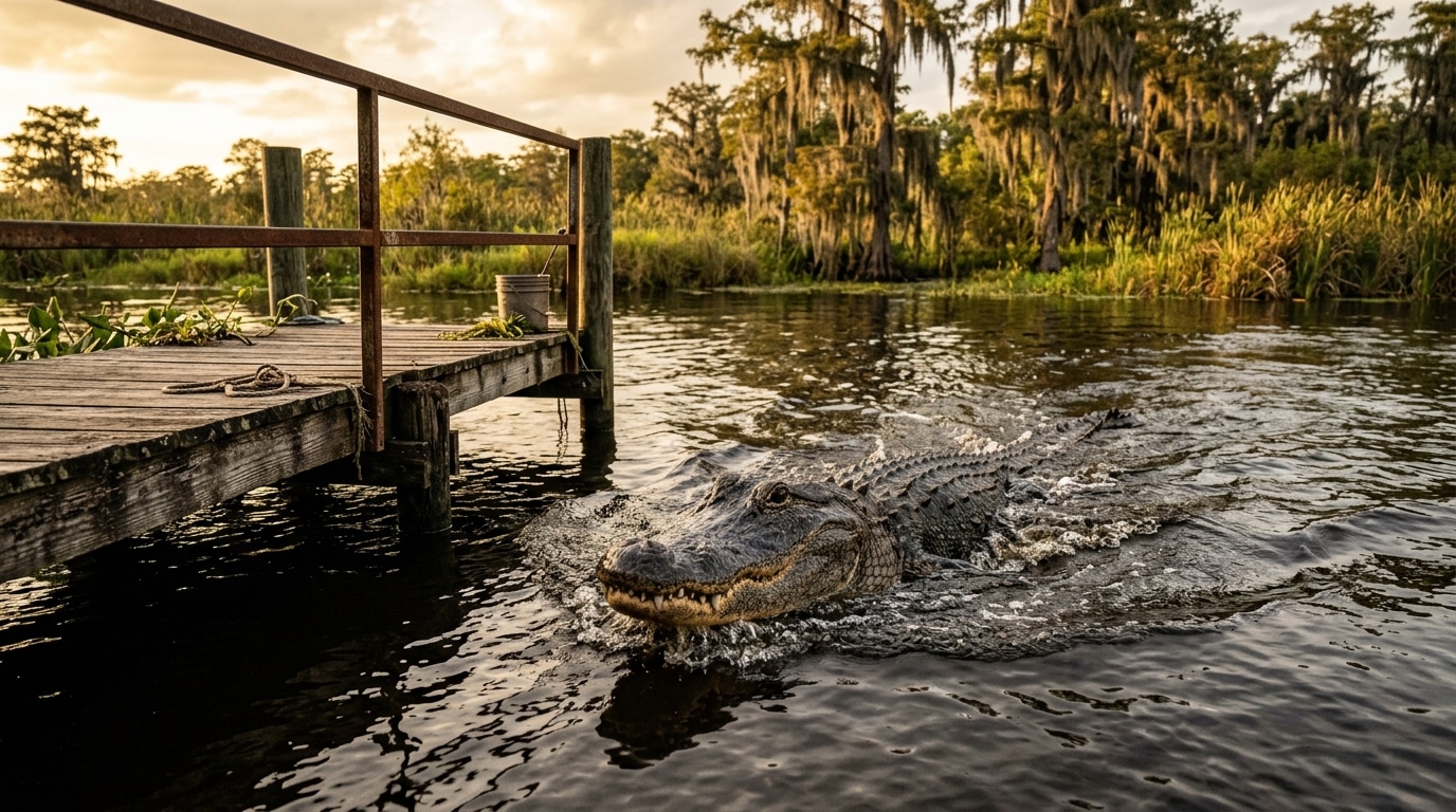 Alligator émergeant de l'eau près d'un ponton de pêche