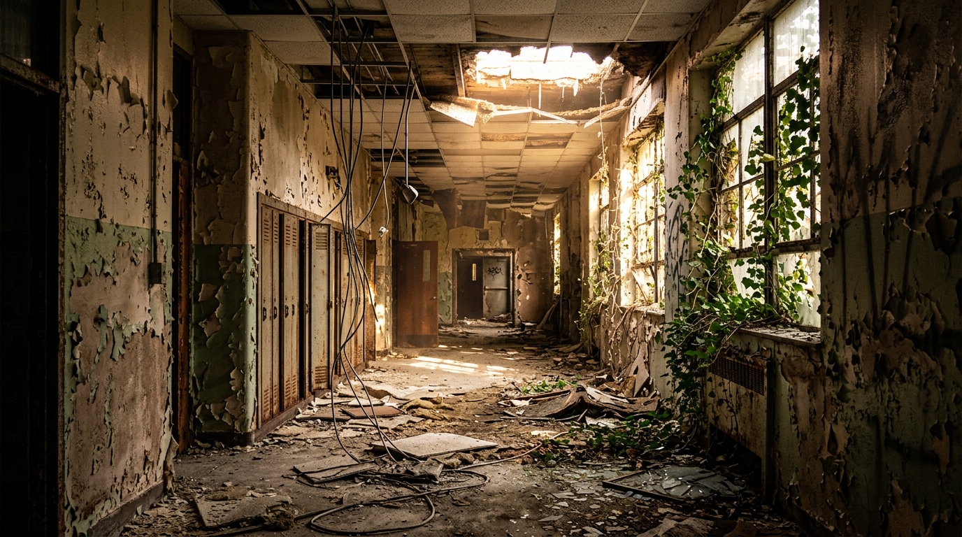 Façade extérieure du collège désaffecté à l'abandon