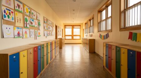 Couloir vide d'une garderie australienne avec dessins d'enfants