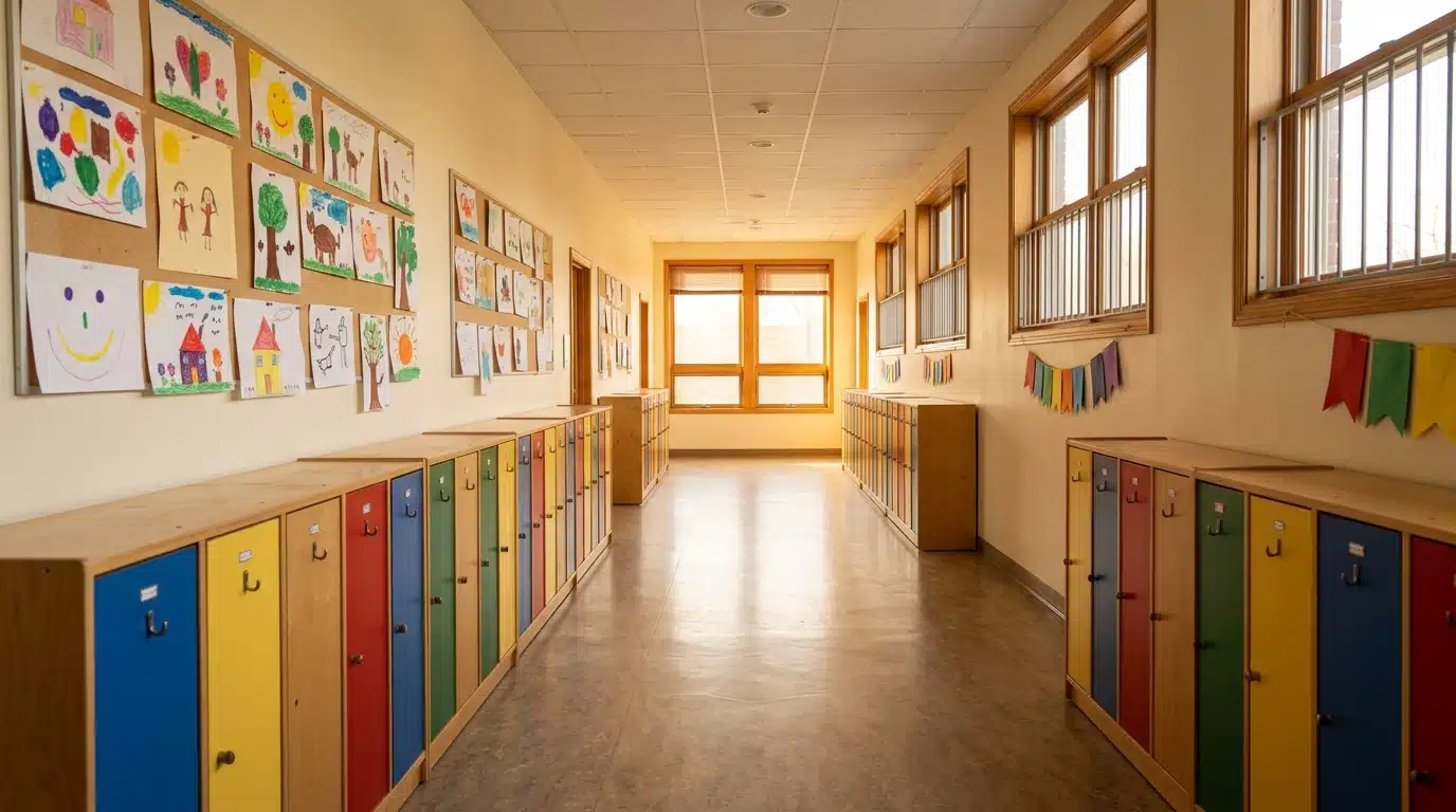 Couloir vide d'une garderie australienne avec dessins d'enfants
